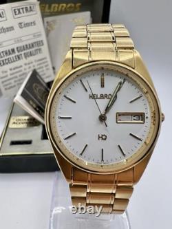 Vintage New Old Stock Gold Tone Helbros HQ Day Date Box Watch Classy Sporty