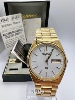 Vintage New Old Stock Gold Tone Helbros HQ Day Date Box Watch Classy Sporty