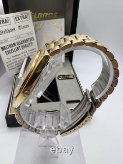 Vintage New Old Stock Gold Tone Helbros HQ Day Date Box Watch Classy Sporty