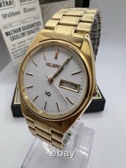 Vintage New Old Stock Gold Tone Helbros HQ Day Date Box Watch Classy Sporty