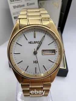 Vintage New Old Stock Gold Tone Helbros HQ Day Date Box Watch Classy Sporty