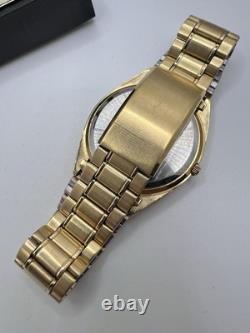 Vintage New Old Stock Gold Tone Helbros HQ Day Date Box Watch Classy Sporty