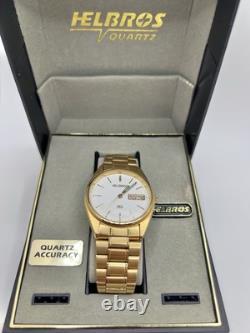 Vintage New Old Stock Gold Tone Helbros HQ Day Date Box Watch Classy Sporty