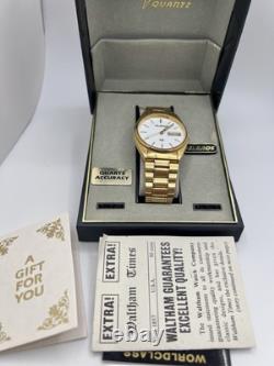 Vintage New Old Stock Gold Tone Helbros HQ Day Date Box Watch Classy Sporty