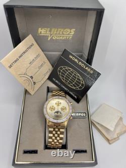 Vintage New Old Stock Helbros Tachymeter Moonphase Gold Tone Classy Unique Watch