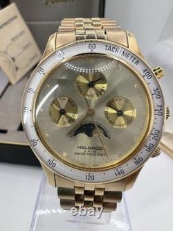 Vintage New Old Stock Helbros Tachymeter Moonphase Gold Tone Classy Unique Watch