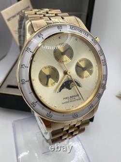 Vintage New Old Stock Helbros Tachymeter Moonphase Gold Tone Classy Unique Watch