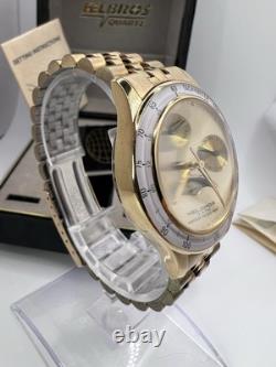 Vintage New Old Stock Helbros Tachymeter Moonphase Gold Tone Classy Unique Watch