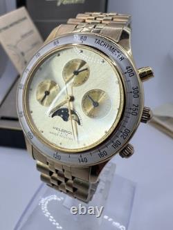 Vintage New Old Stock Helbros Tachymeter Moonphase Gold Tone Classy Unique Watch