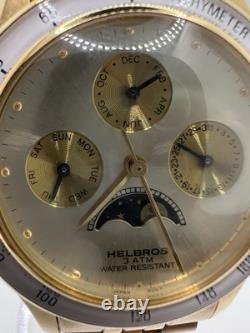 Vintage New Old Stock Helbros Tachymeter Moonphase Gold Tone Classy Unique Watch