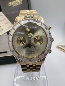 Vintage New Old Stock Helbros Tachymeter Moonphase Gold Tone Classy Unique Watch
