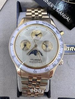 Vintage New Old Stock Helbros Tachymeter Moonphase Gold Tone Classy Unique Watch