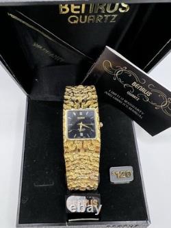 Vintage New Old Stock Mens Gruen Precision Quartz Gold Tone Nugget Watch