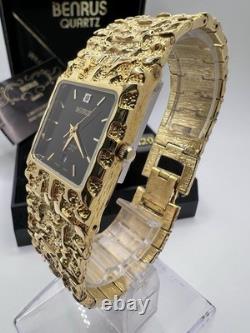 Vintage New Old Stock Mens Gruen Precision Quartz Gold Tone Nugget Watch