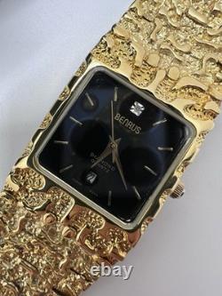 Vintage New Old Stock Mens Gruen Precision Quartz Gold Tone Nugget Watch