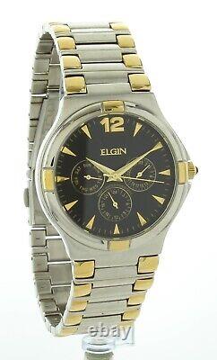 Vintage New old Stock Men's Elgin Dress Watch Two Tone Black Dial Day And Date