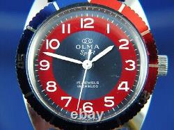 Vintage Olma Diver Swiss Mechanical Watch 1970s NOS 17 Jewel Mid Size Pepsi Dial