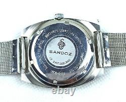 Vintage Sandoz Watch Automatic 17 Jewels Nos Mint Unisex Blue 37 MM Rare Swiss