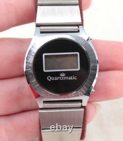 Vtg Men's 70s NOS Silver & Black Quartzmatic Solid State Digital Watch In Box